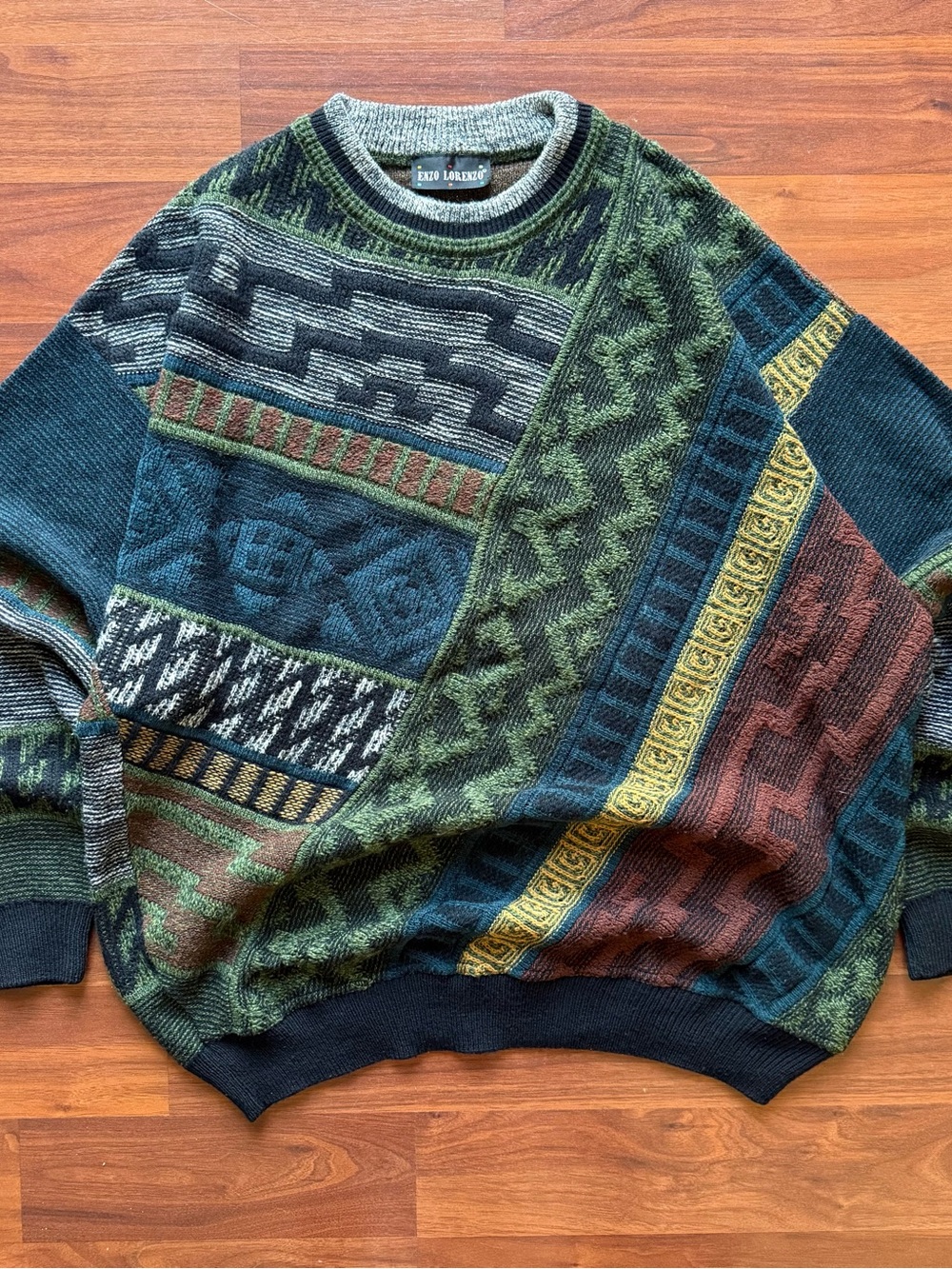 Vintage 90s Enzo Lorenzo textured Coogi style sweater XL multicolor geometric